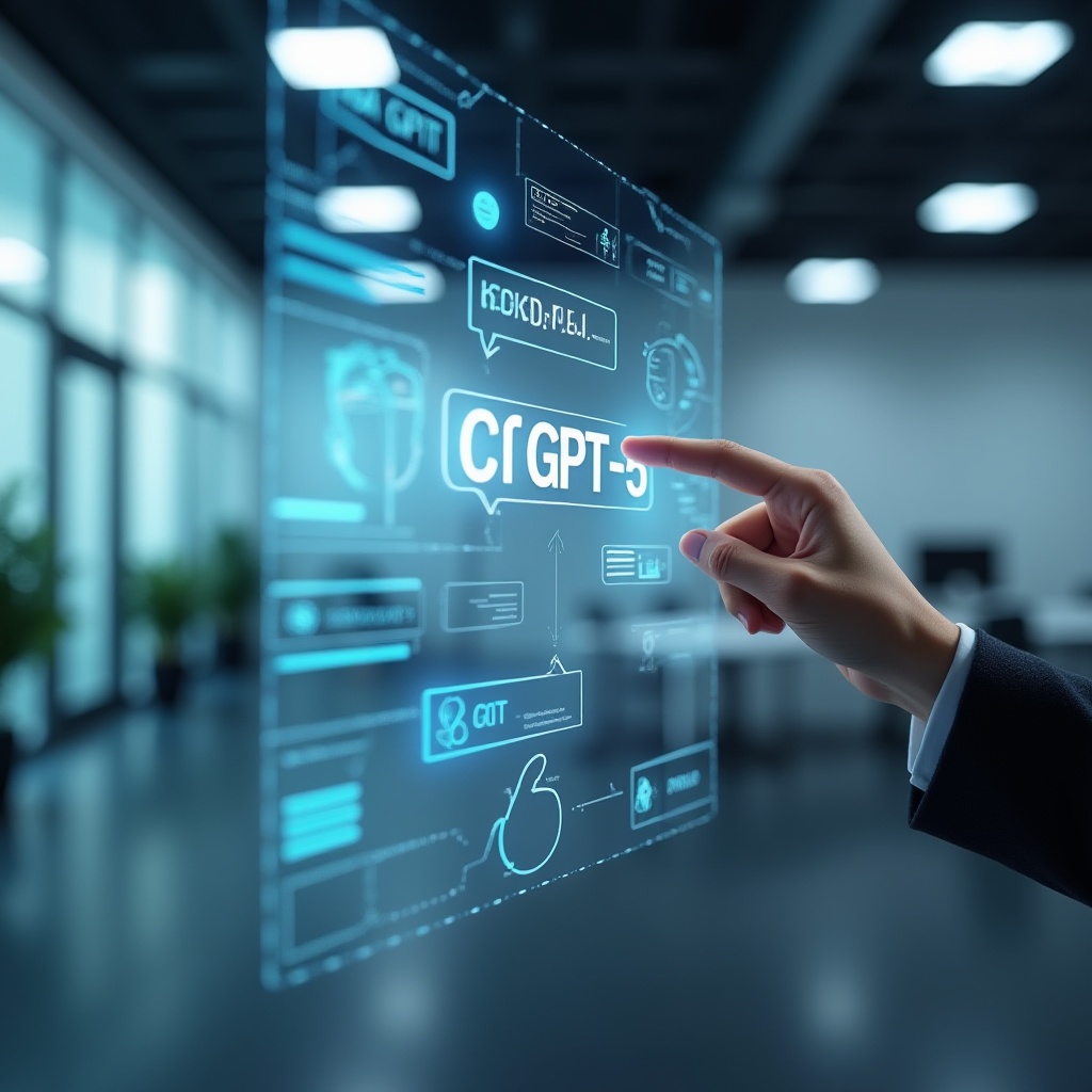 Holografikus ChatGPT-5 felület modern irodai környezetben, kék és zöld fényekkel, futurisztikus technológiai hangulat.