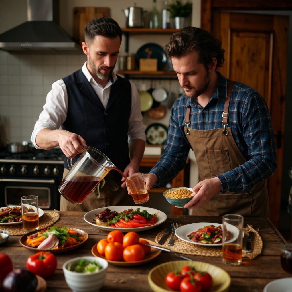 Vidám illusztráció, ahol a skót és a magyar konyha találkozik egy asztalnál, tele haggisszel, gulyással és paprikával.