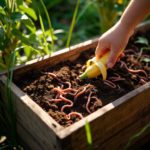 Fából készült komposztláda tele zöld hulladékkal és gilisztákkal