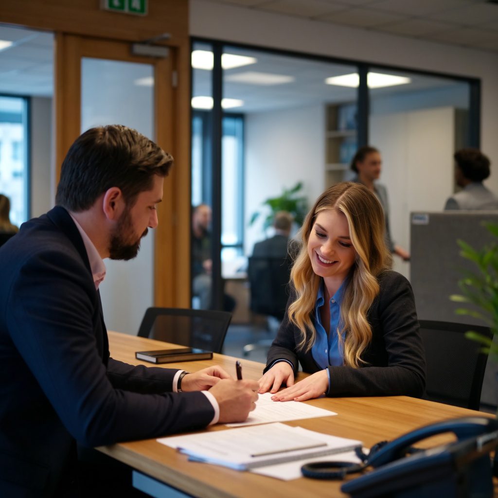 Ügyfél bankszámlát nyit egy skót bankban, dokumentumokkal és banki ügyintézővel