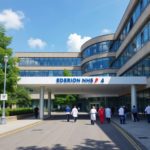 Betegek és orvosok egy NHS kórház bejáratánál Skóciában, NHS logóval