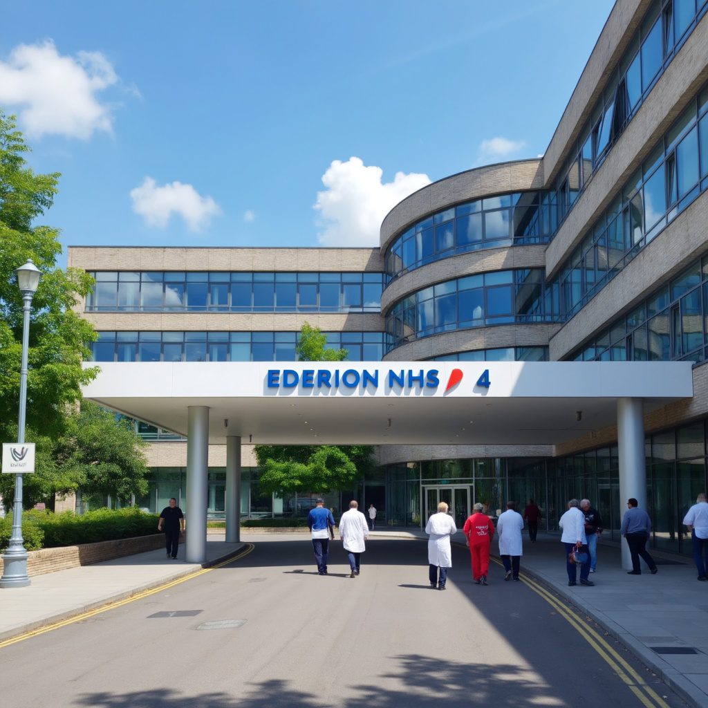 Betegek és orvosok egy NHS kórház bejáratánál Skóciában, NHS logóval