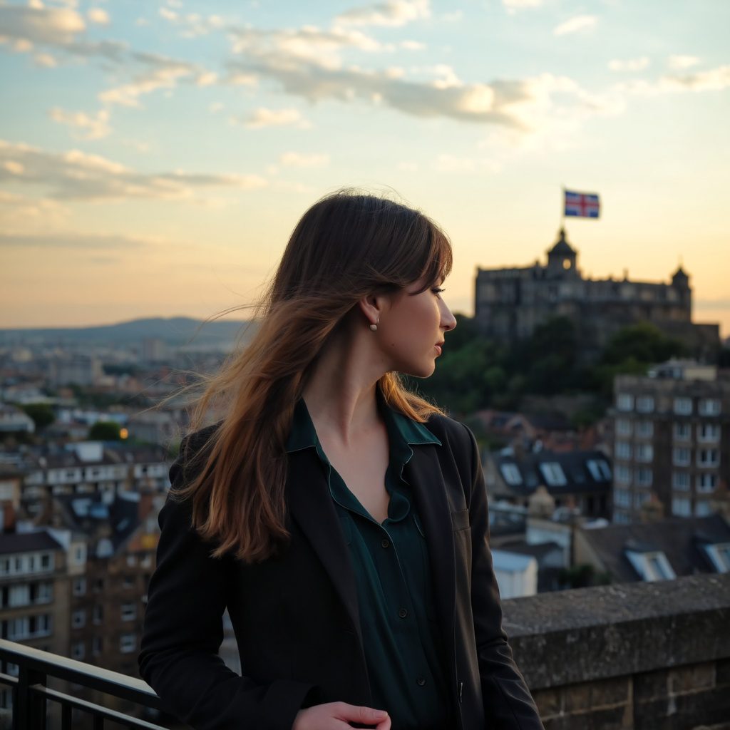 Panorámakép Edinburgh városáról, a vár és a skót zászló látható a háttérben, esti fényben