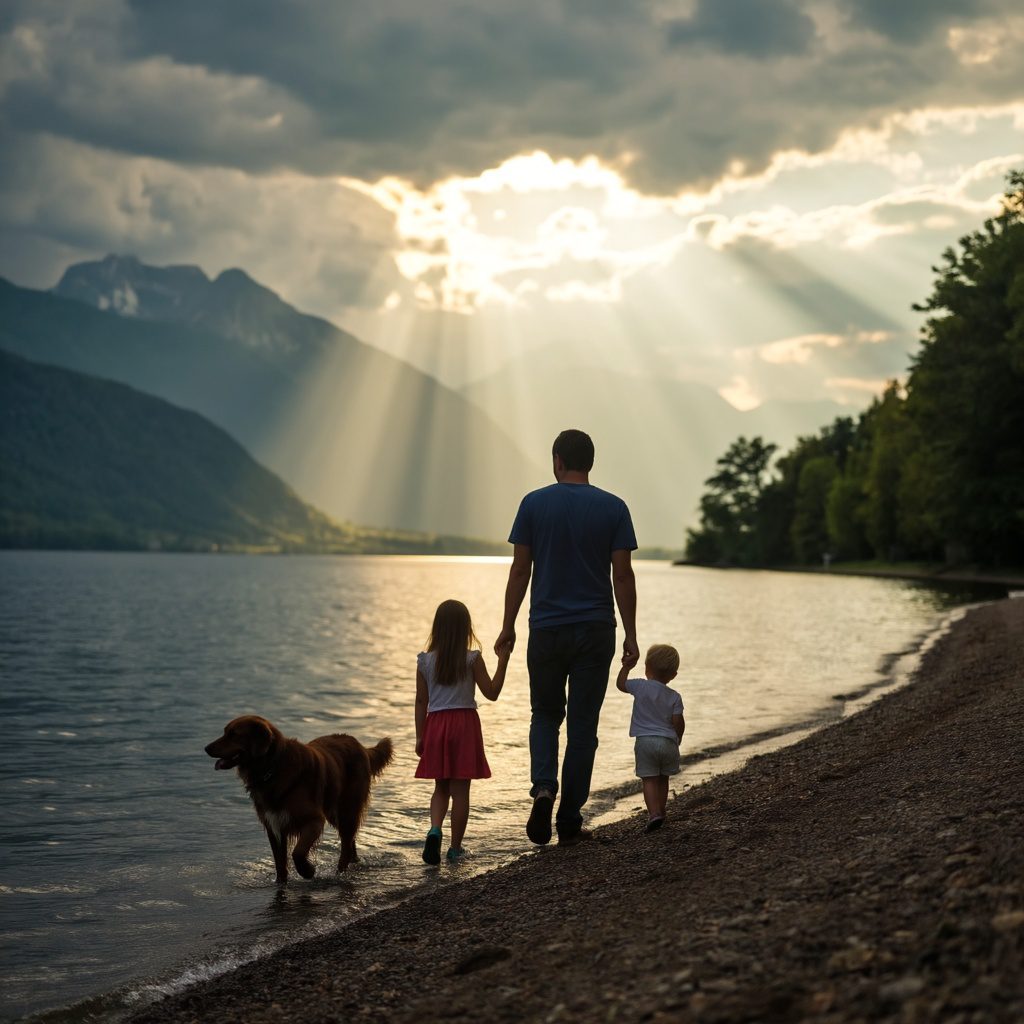 Család kutyával Glen Coe völgyében, szivárvány a hegyek fölött