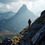 Túrázó a Cuillin Ridge sziklás gerincén, Isle of Sky