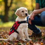 Egy aranyos labrador kölyök önkéntes kiképzője mellett ül egy parkban, kék mellényben, figyelmesen várva a feladatokra. A kép a kiképzés első lépéseit mutatja be.