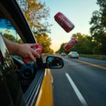 Sofőr, aki üdítős dobozt és ételcsomagolást dob ki az autóból az út szélére.