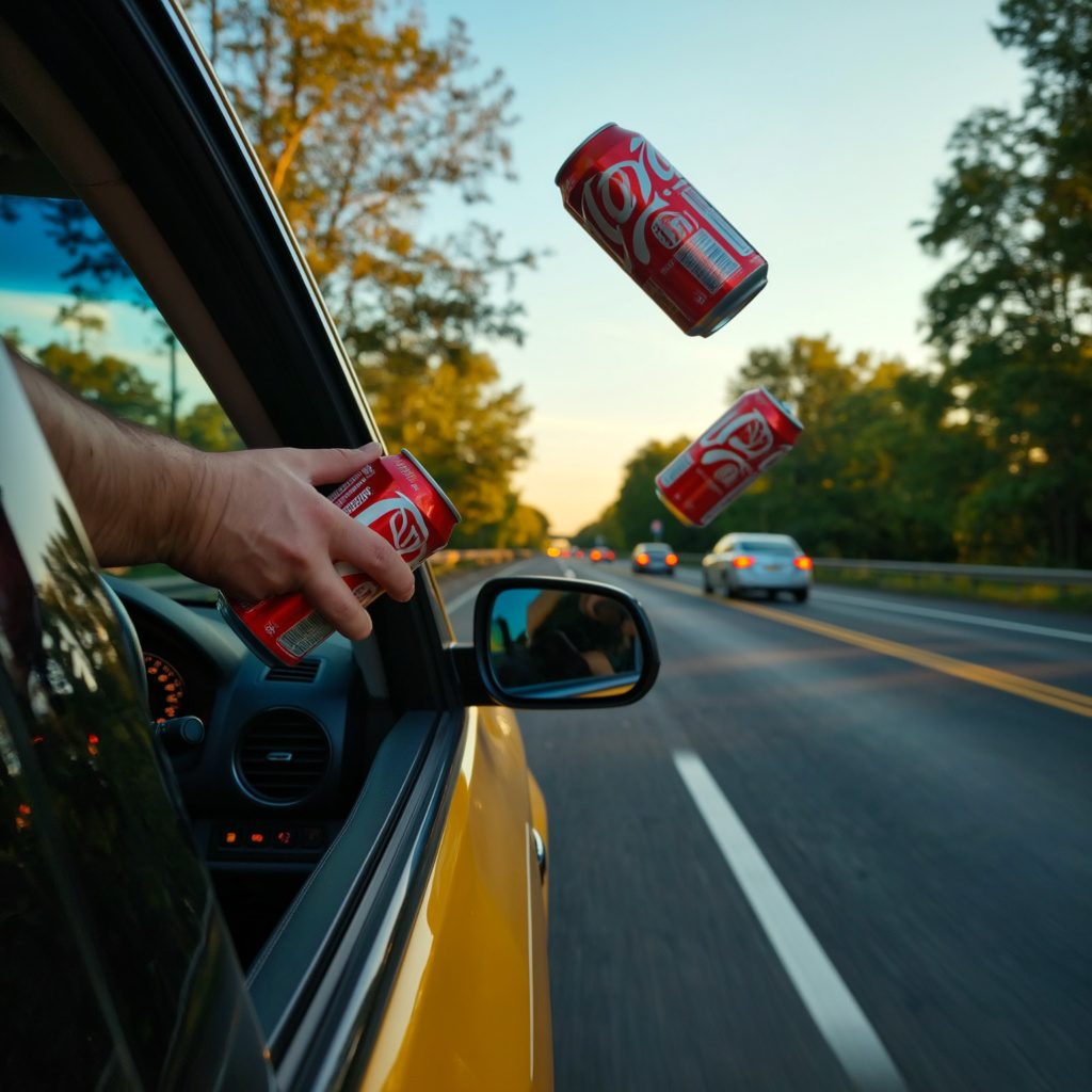 Sofőr, aki üdítős dobozt és ételcsomagolást dob ki az autóból az út szélére.