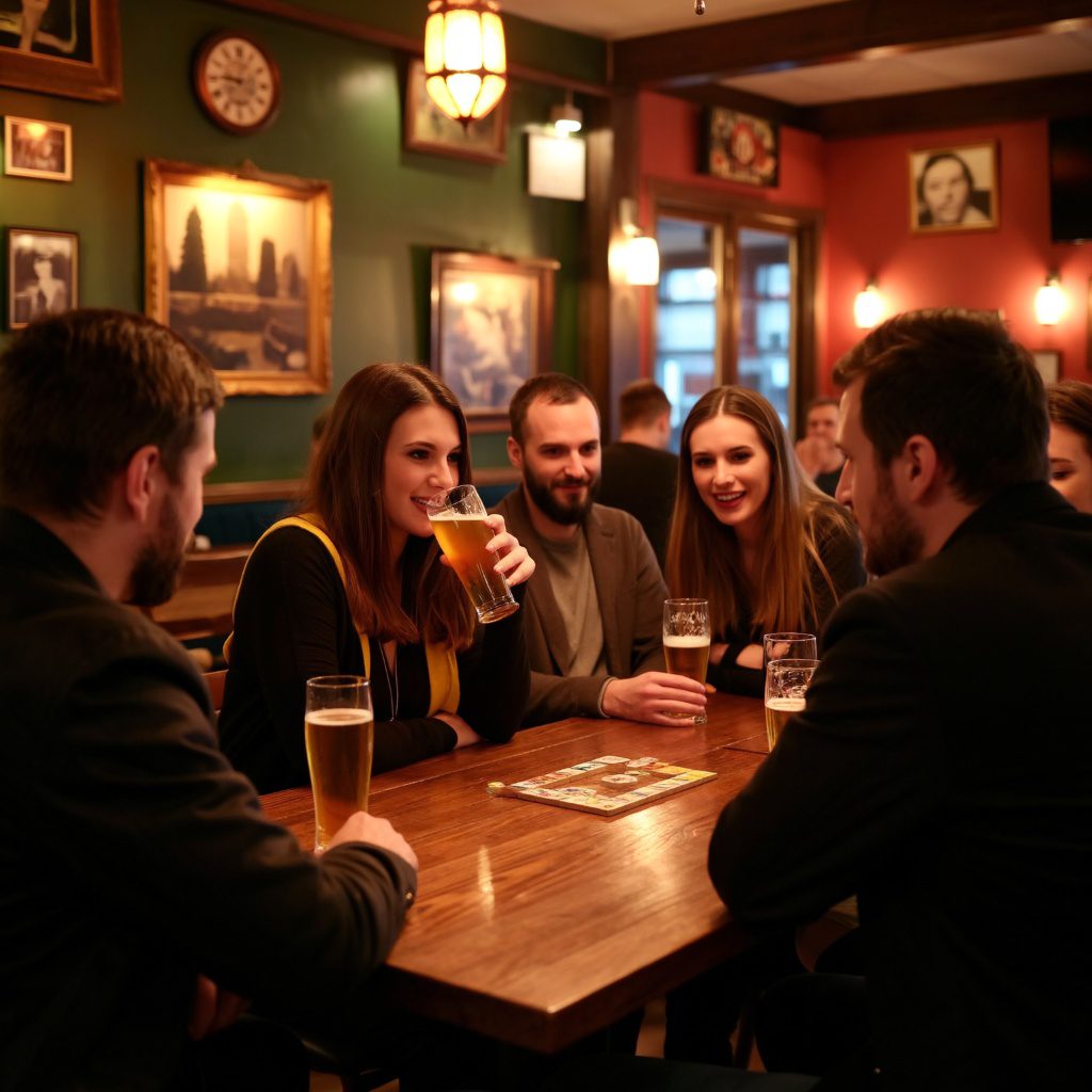 Vidám társaság a Sandport Tavernben, ahol magyar pub est zajlik kvízzel, bingóval és társasjátékokkal.