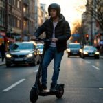 Egy fiatal sisak nélkül rollerezik a városi utcán, autók és gyalogosok között – veszélyben saját magát és másokat is.