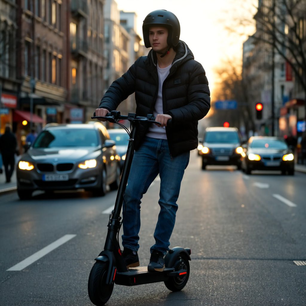 Egy fiatal sisak nélkül rollerezik a városi utcán, autók és gyalogosok között – veszélyben saját magát és másokat is.