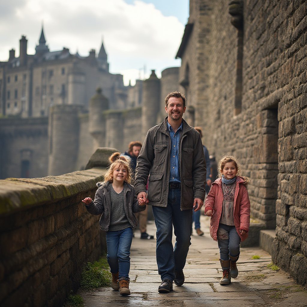 Egy család boldogan fedezi fel az Edinburgh-i vár középkori falait a Historic Sundays program keretében, napsütéses, barátságos hangulatban.