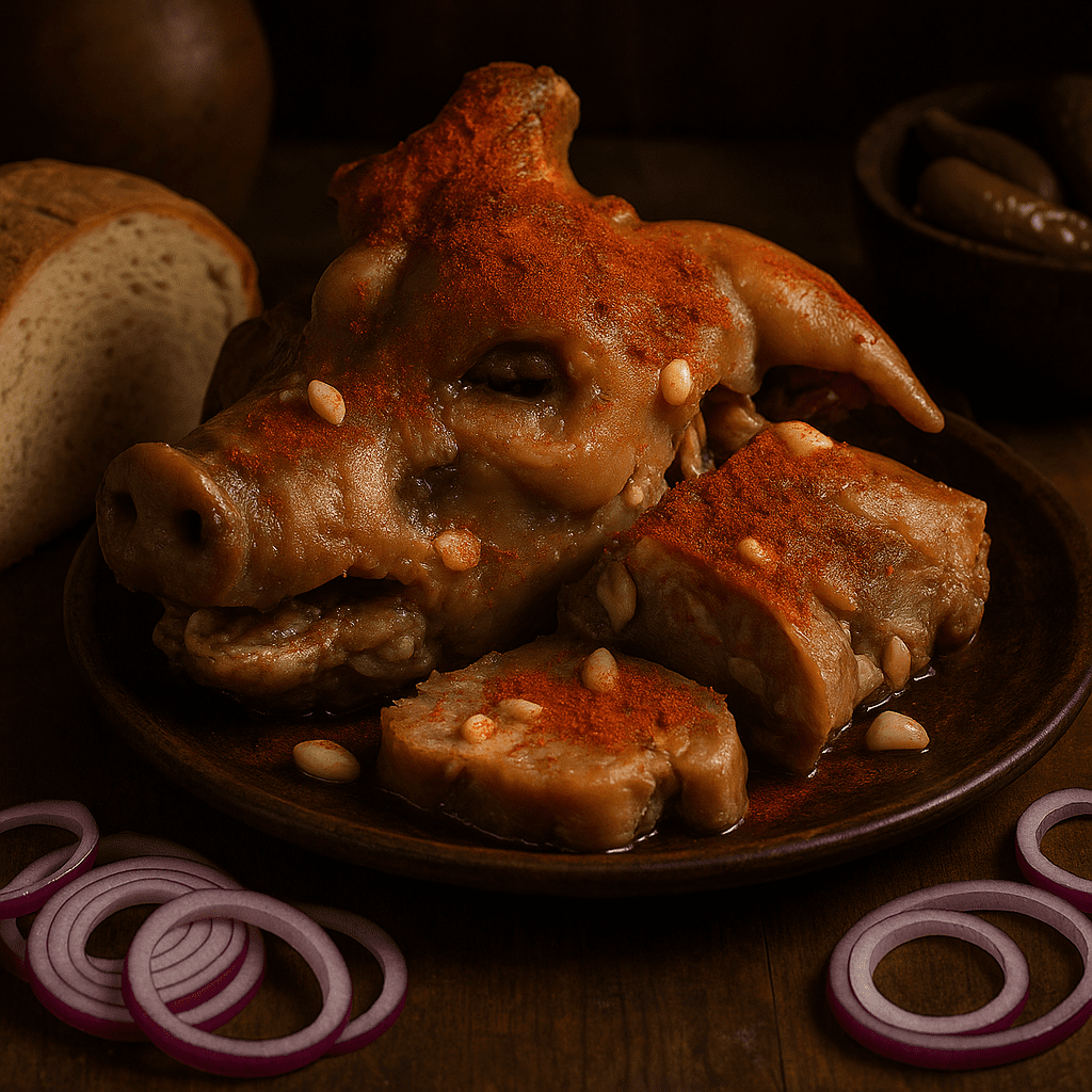 Fokhagymás-paprikás abált disznófej