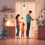 Egy családi ház energiatakarékos megoldásokkal: LED-izzók, szigetelés, napenergia és okos eszközök használata, amelyek segítenek a rezsi csökkentésében és a környezet védelmében.