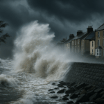 Viharos tengerpart az Egyesült Királyságban, a Storm Benjamin közeledtével